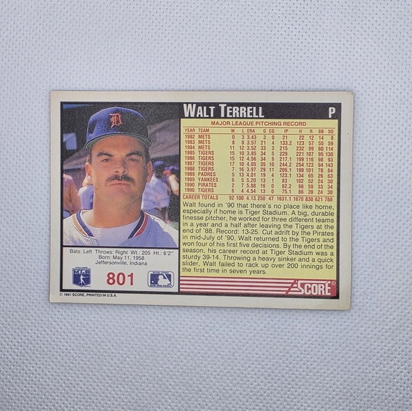 1991 Score Walt Terrell Detroit Tigers #801 Baseball Card - Picture 4 of 5